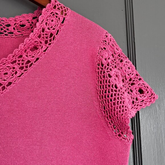 Vintage Christopher & Banks Hand Crochet Pink Short Sleeve Top Women's Large L - Picture 5 of 12